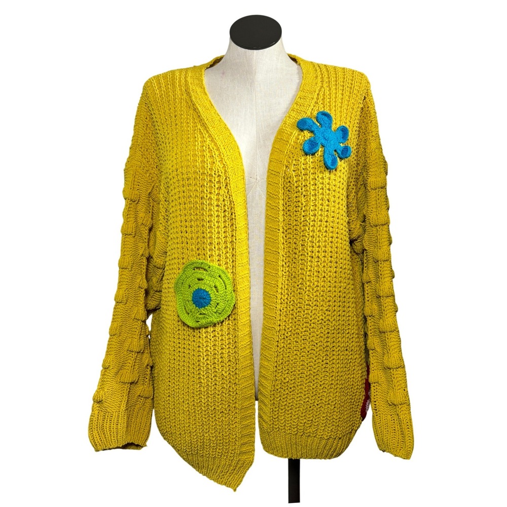 Love Culture Womens Cardigan M/L Yellow Knit Flower Bubble Sleeve Artsy Hippie